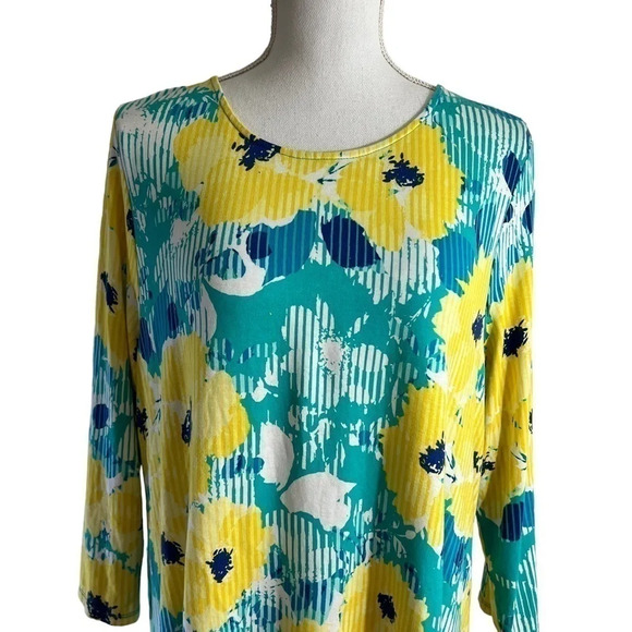Ruby Rd Tunic Blouse Large Sharkbite Hem Floral Blue Yellow 3/4 Sleeves Stretch - Picture 4 of 5